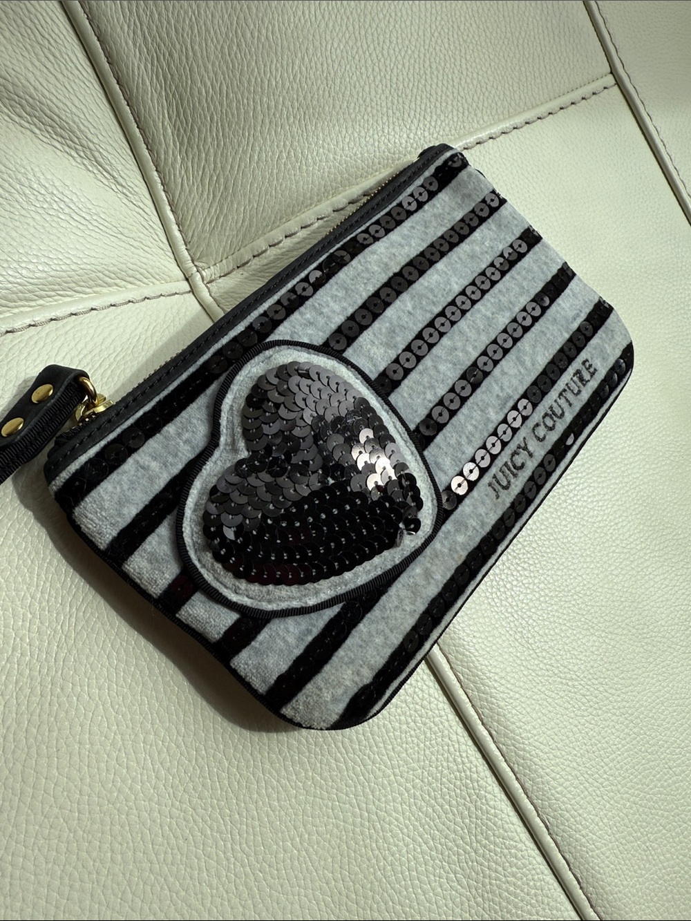 Juicy Couture Gray & Black Striped Sequin Heart Wristlet